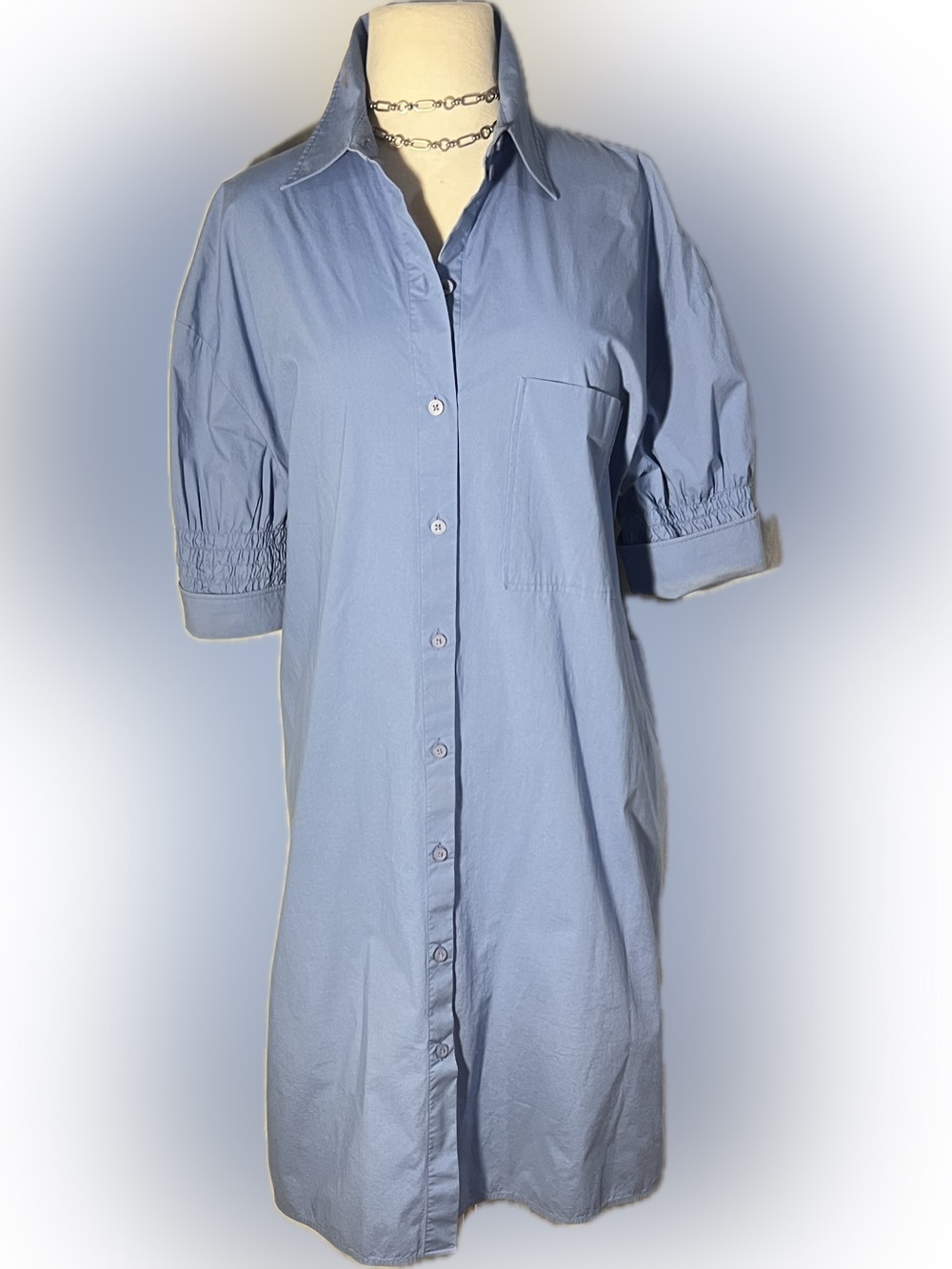 COS blue stretch cotton poplin shirt dress w/breast & side pockets-EUC